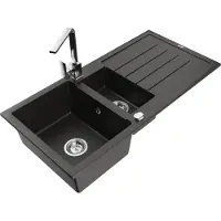 Mexen Andres granieten spoelbak 1,5-komerig met afdruiprek en keukenmengkraan Rita, zwart/goud metallic- 6515-75-670300-00