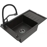 Mexen Elias granieten spoelbak met 1 bak, afdruiprek en Duo keukenmengkraan, zwart/goud metallic - 6511-75-671701-70-B