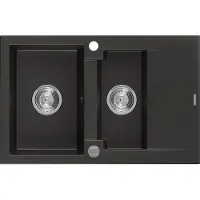 Mexen Gaspar granieten gootsteen 1,5-kamer met afdruiprek 737 x 475 , zwart/gouden metallic, chromen sifon - 6507731505-75