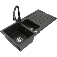 Mexen Andres granieten spoelbak 1,5-kamer met afdruipplaat en keukenmengkraan Elia, zwart/goud metallic - 6515-75-670101-70