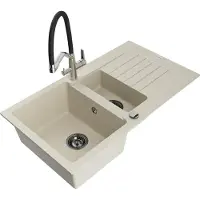 Mexen Matias granieten gootsteen 1,5-kamer met afdruiprek en keukenmengkraan Duo, beige - 6502-69-671701-07-B
