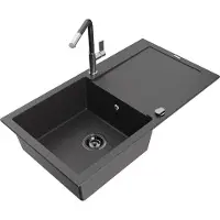 Mexen Leo granieten spoelbak 1-komor met afdruiprek en keukenmengkraan Flora, zwart gespikkeld - 6501-76-670401-08-B