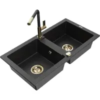 Mexen Mario granieten spoelbak met 2 kamers en Flora keukenkraan, zwart/zilver metallic - 6504-73-670401-57-G