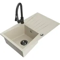 Mexen Cesar granieten spoelbak met 1 bak met afdruiprek en Elia keukenkraan, beige - 6514-69-670101-70