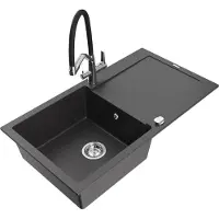 Mexen Leo granieten spoelbak 1-kompartment met afdruiprek en keukenmengkraan Duo, zwart gespikkeld - 6501-76-671701-07
