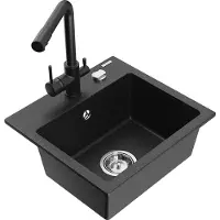 Mexen Milo granieten spoelbak met 1 kom en Duero keukenkraan, zwart/zilver metallic - 6505-73-671600-70