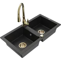 Mexen Mario granieten gootsteen 2-kamer met keukenmengkraan Savita, zwart/zilver metallic - 6504-73-672601-50