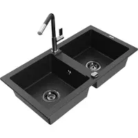 Mexen Mario granieten gootsteen 2-kamer met keukenkraan Flora, zwart/zilver metallic - 6504-73-670401-07-B