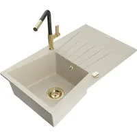 Mexen Cesar granieten spoelbak 1-komerig met afdruiprek en keukenkraan Flora, beige - 6514-69-670401-57-G