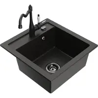 Mexen Vito granieten gootsteen 1-kompartiment met keukenmengkraan Carla, zwart/goud metallic - 6503-75-670700-70-B