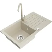 Mexen Pablo granieten gootsteen 1-komorige met afdruiprek en keukenmengkraan Telma, beige - 6510-69-670200-69