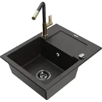 Mexen Enzo granieten gootsteen 1-kamer met druiprek en keukenkraan Flora, zwart/goud metallic - 6506-75-670401-57-B