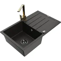 Mexen Bruno granitische gootsteen met één bak en afdruiprek en keukenmengkraan Rita, zwart/goud metallic - 6513-75-670300-50-B