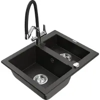 Mexen Carlos granieten gootsteen 1,5-kamer met keukenmengkraan Duo, zwart/goud metallic - 6518-75-671701-07