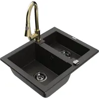 Mexen Carlos granieten gootsteen 1,5-kamer met keukenmengkraan Elia, zwart/goud metallic - 6518-75-670101-50-B