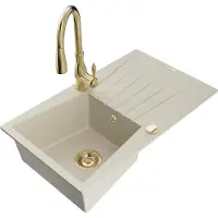 Mexen Cesar granieten spoelbak 1-komorige met afdruiprek en keukenkraan Savita, beige - 6514-69-672601-50