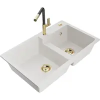 Mexen Tomas granieten gootsteen 2-kamer met keukenkraan Flora, wit - 6516-20-670401-57-G