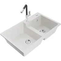 Mexen Tomas granieten gootsteen 2-kamer met keukenkraan Flora, wit - 6516-20-670401-07