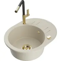 Mexen Kevin granieten gootsteen met 1 compartiment, afdruiprek en Flora keukenkraan, beige - 6517-69-670401-57-G