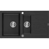 Mexen Matias granieten gootsteen 1,5-komor met druiprek 900 x 505 , zwart/zilvere metallic, sifon chroom - 6502901505-73