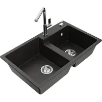 Mexen Tomas granieten spoelbak 2-vaks met keukenkraan Flora, zwart/goud metallic - 6516-75-670401-00