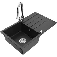 Mexen Bruno granieten spoelbak met 1 bak en afdruiprek en keukenkraan Elia, zwart/zilver metallic - 6513-73-670101-00