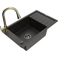 Mexen Elias granieten gootsteen met 1 bak en afdruiprek en keukenmengkraan Elia, zwart/goud metallic - 6511-75-670101-50-B
