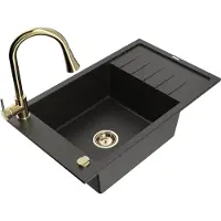 Mexen Elias granieten spoelbak met 1 bak met afdruiprek en keukenmengkraan Elia, zwart/goud metallic - 6511-75-670101-50