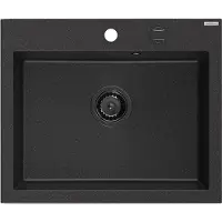 Mexen Elix granieten spoelbak 1-compartiment 600 x 500 , zwart/zilver metallic, zwarte sifon - 6525601005-73-B
