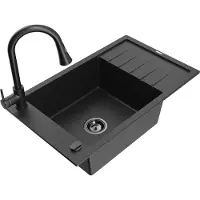 Mexen Elias granieten spoelbak 1-kompartiment met afdruiprek en keukenkraan Elia, zwart/zilver metallic - 6511-73-670101-70-B