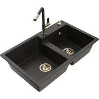 Mexen Tomas granieten gootsteen 2-kamer met keukenmengkraan Flora, zwart/goud metallic - 6516-75-670401-57-G