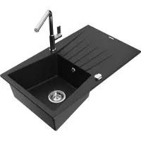 Mexen Cesar granieten gootsteen met 1 bak, afdruiprek en keukenkraan Flora, zwart - 6514-77-670401-00