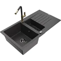 Mexen Matias granieten spoelbak 1,5-kamer met afdruiprek en keukenkraan Flora, zwart gespikkeld - 6502-76-670401-57-B
