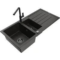 Mexen Andres granieten spoelbak 1,5-komorige met afdruiprek en keukenkraan Flora, zwart/goud - 6515-75-670401-70-B