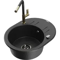 Mexen Kevin granieten gootsteen 1-kompartment met afdruiprek en keukenkraan Flora, zwart/zilver metallic - 6517-73-670401-57-B