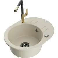 Mexen Kevin granieten gootsteen 1-komorige met afdruiprek en keukenmengkraan Flora, beige - 6517-69-670401-57-B