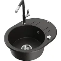 Mexen Kevin granieten gootsteen 1-kompartment met afdruiprek en keukenkraan Flora, zwart/goud metallic - 6517-75-670401-07