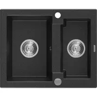 Mexen Carlos granieten gootsteen 1,5-komorowy 582 x 475 , zwart/zilver metallic, sifon chroom - 6518581500-73