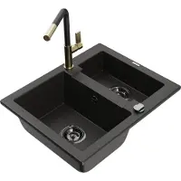 Mexen Carlos granieten gootsteen 1,5-komor met keukenkraan Flora, zwart/gouden metallic - 6518-75-670401-57-B
