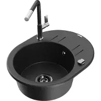 Mexen Kevin granieten spoelbak 1-koer met afdruipplaat en keukenkraan Flora, zwart/zilver metallic - 6517-73-670401-07-B