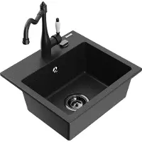 Mexen Milo granieten spoelbak 1-komor met keukenmengkraan Carla, zwart/zilver metallic - 6505-73-670700-70-B