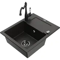 Mexen Enzo granieten spoelbak met 1 bak met druiprek en Carla keukenmengkraan, zwart/goud metallic - 6506-75-670700-70-B