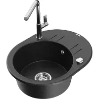 Mexen Kevin granieten spoelbak 1-komor met afdruiprek en keukenkraan Flora, zwart/zilver metallic - 6517-73-670401-00