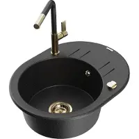 Mexen Kevin granieten spoelbak 1-komor met afdruiprek en keukenkraan Flora, zwart/zilver metallic - 6517-73-670401-57-G