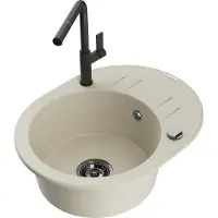 Mexen Kevin granieten gootsteen 1-kamer met afdruiprek en keukenmengkraan Flora, beige - 6517-69-670401-70-B