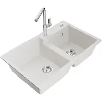 Mexen Tomas granieten gootsteen 2-kamer met keukenmengkraan Flora, wit - 6516-20-670401-00
