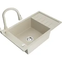 Mexen Elias granieten gootsteen 1-komor met afdruiprek en keukenmengkraan Elia, beige - 6511-69-670101-69