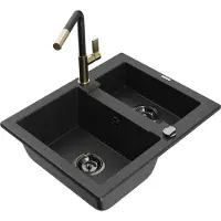 Mexen Carlos granieten gootsteen 1,5-kamer met keukenkraan Flora, zwart/zilver metallic - 6518-73-670401-57-B