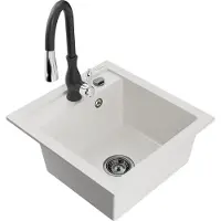 Mexen Vito granieten spoelbak 1-komerig met keukenmengkraan Savita, wit - 6503-20-672601-70