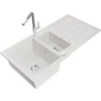 Mexen Andres granieten spoelbak 1,5-komor met afdruiprek en keukenkraan Flora, wit - 6515-20-670401-06